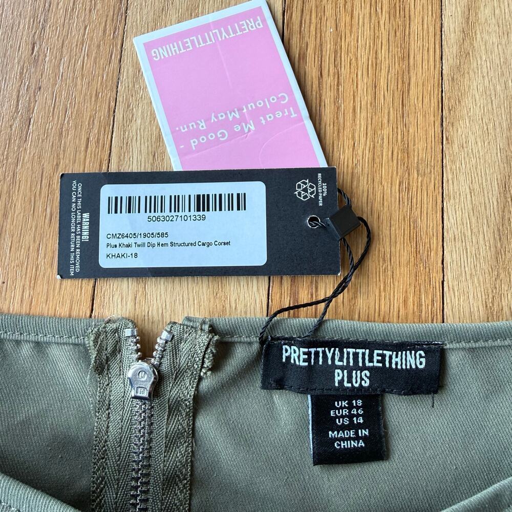 PLT Olive Green Structured Dip Hem Cargo Crop Corset Bustier Sz 14 Y2K Utility - Picture 3 of 14